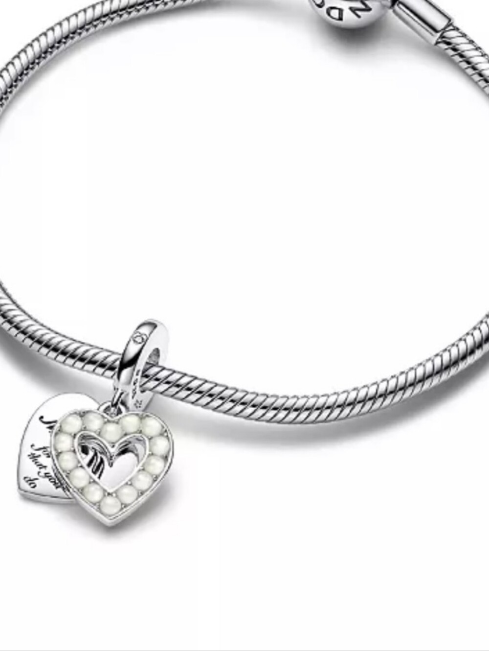 Pandora Pearlescent White Double Heart Mom Charm